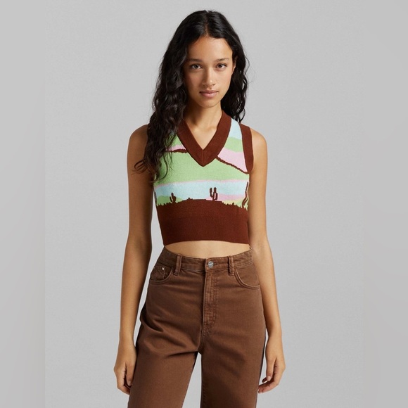 Bershka Brown and Multicolor Knit Vest - Picture 1 of 6
